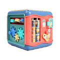 Colourful ABS plastic baby educational cube with bead maze, gears, and shape sorting games on each side.