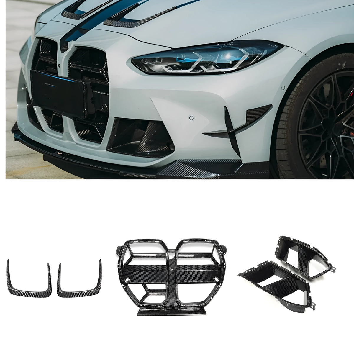 Dry carbon fibre front bumper grille for BMW M3 M4 G80 G82 models in black 3K weave.