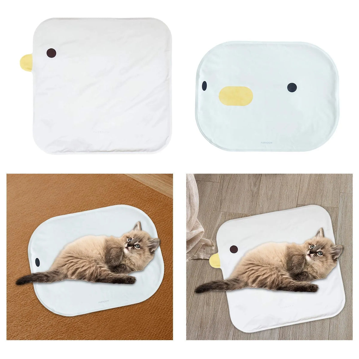 Square chick-shaped blue pet cooling mat on a wooden floor.