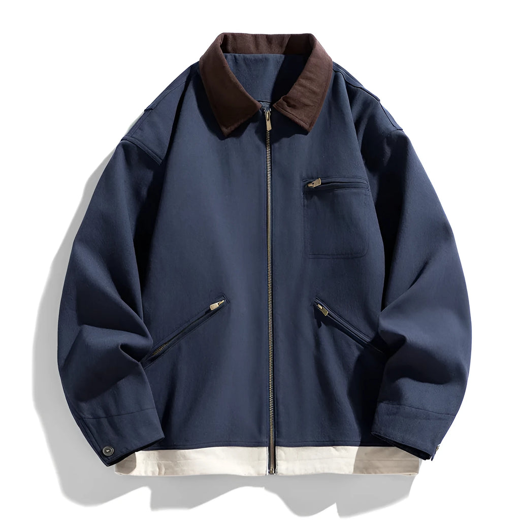 Men's Korean-style retro workwear jacket with contrast lapels in polyester