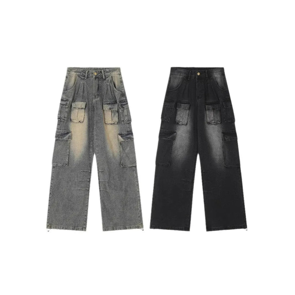Men's loose fit multi-pocket denim jeans in distressed light blue wash with straight-leg street hipster styling