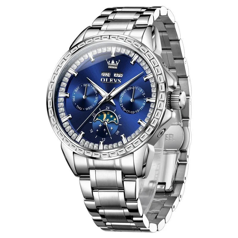 Men's stainless steel automatic mechanical watch with diamond hour markers and transparent case back