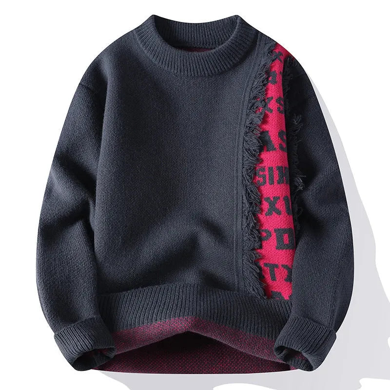 Men's loose fit knitted pullover jumper in grey with ribbed hemline and long sleeves.