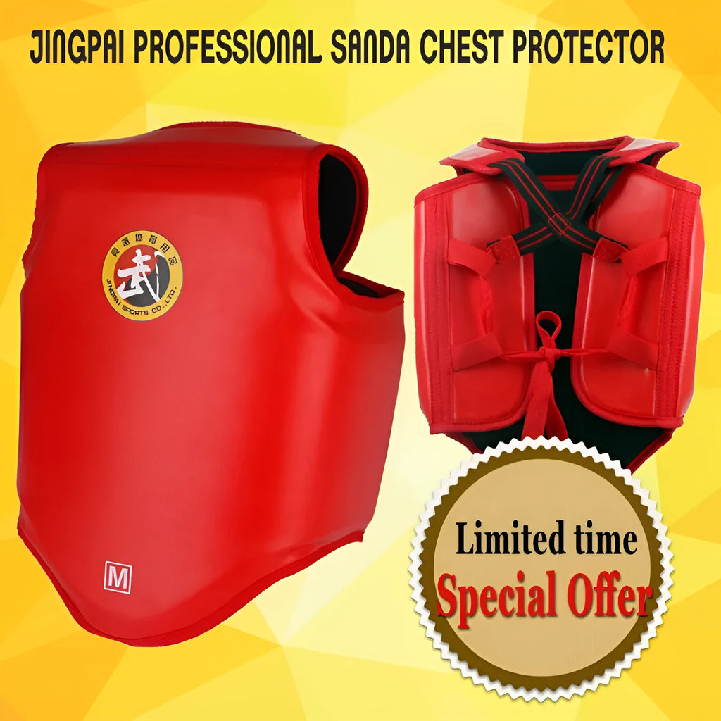 Red one-piece boxing helmet chest protector for fighting training, shown with sizes S, M, L available.