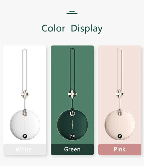 Green 5000mAh hand warmer power bank with digital display, shown next to its included USB charging cable.