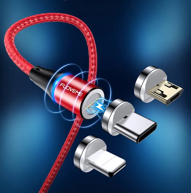 Magnetic charging cable with LED side lights in black colour, showing USB connector and magnetic phone attachment