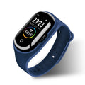 Black smart bracelet earphone combo with 1 inch screen and silicone wristband on a wrist