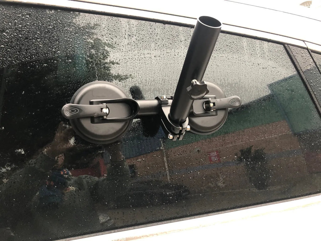 Black car suction cup flagpole base with rubber disc and ABS construction for vehicle window mounting