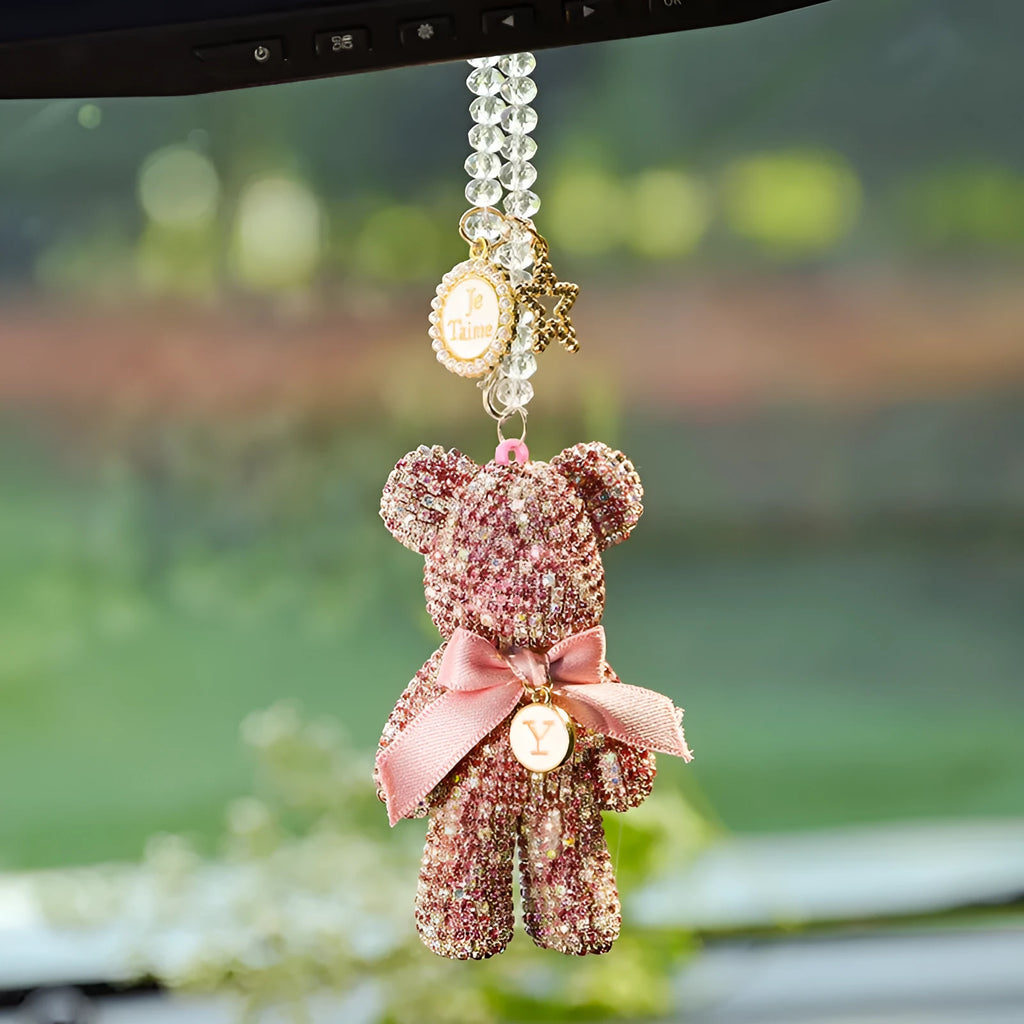 White, pastel, and black Violent Bear car mirror pendant with rhinestones, 5cm by 9cm.