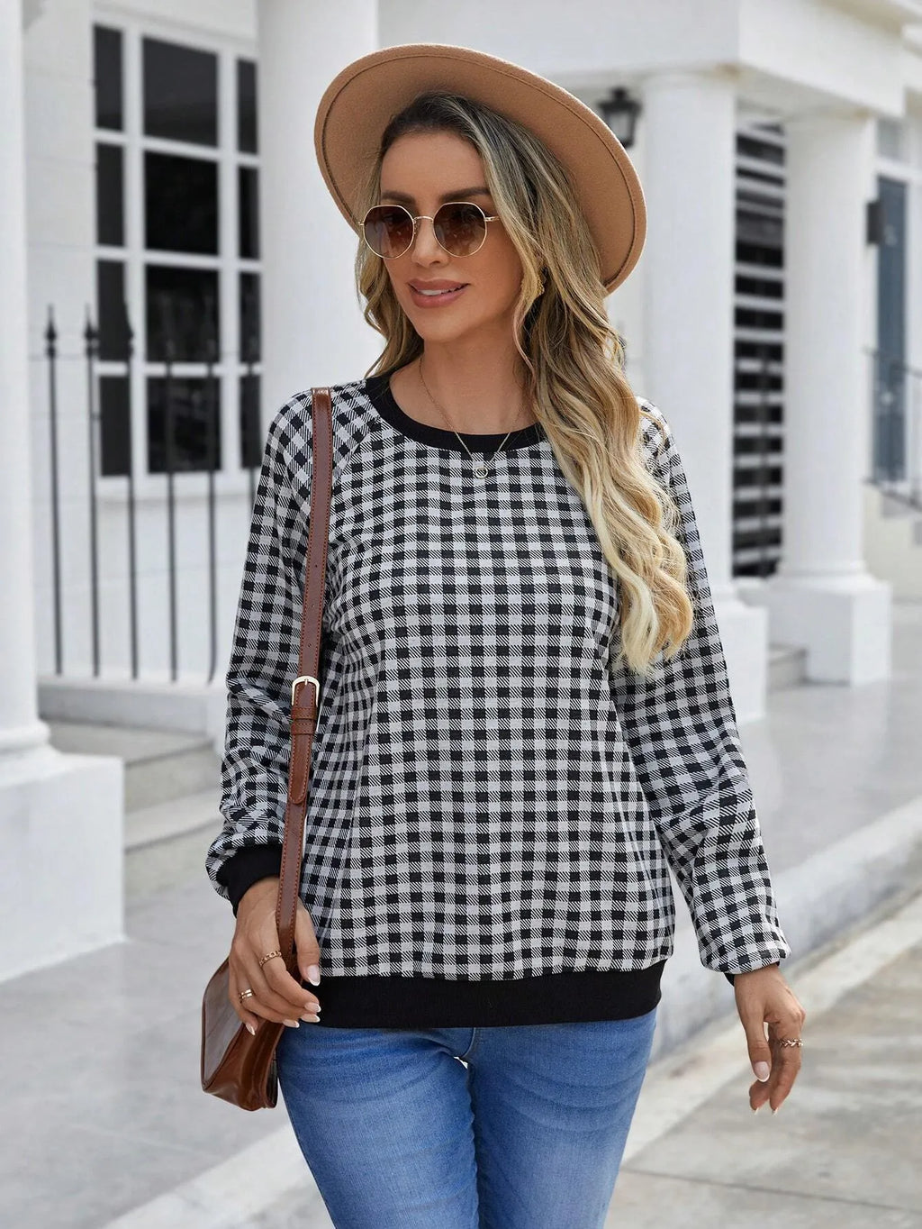 Black Japanese plaid and stripe print pullover sweater with long sleeves