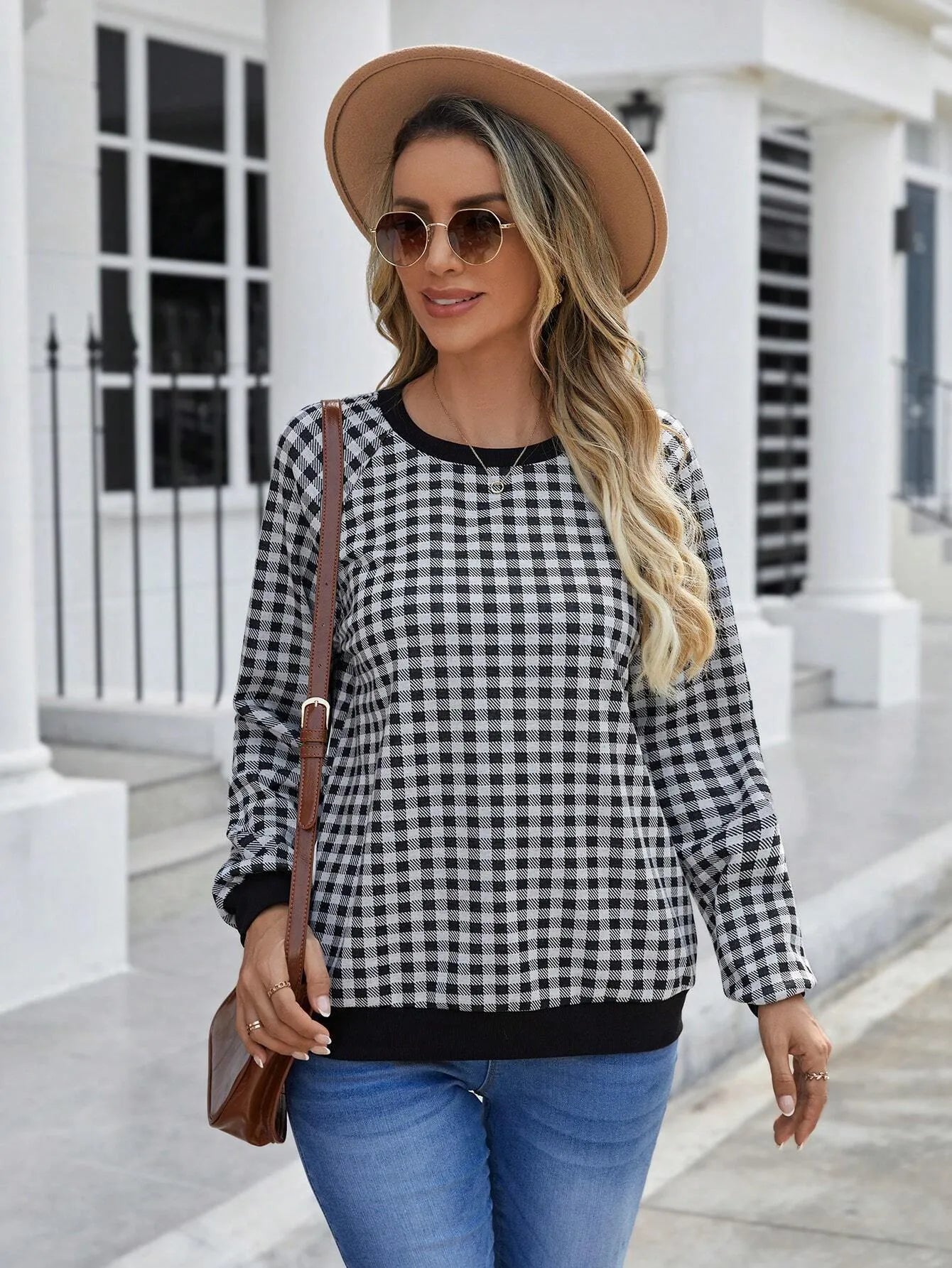 Black Japanese plaid and stripe print pullover sweater with long sleeves