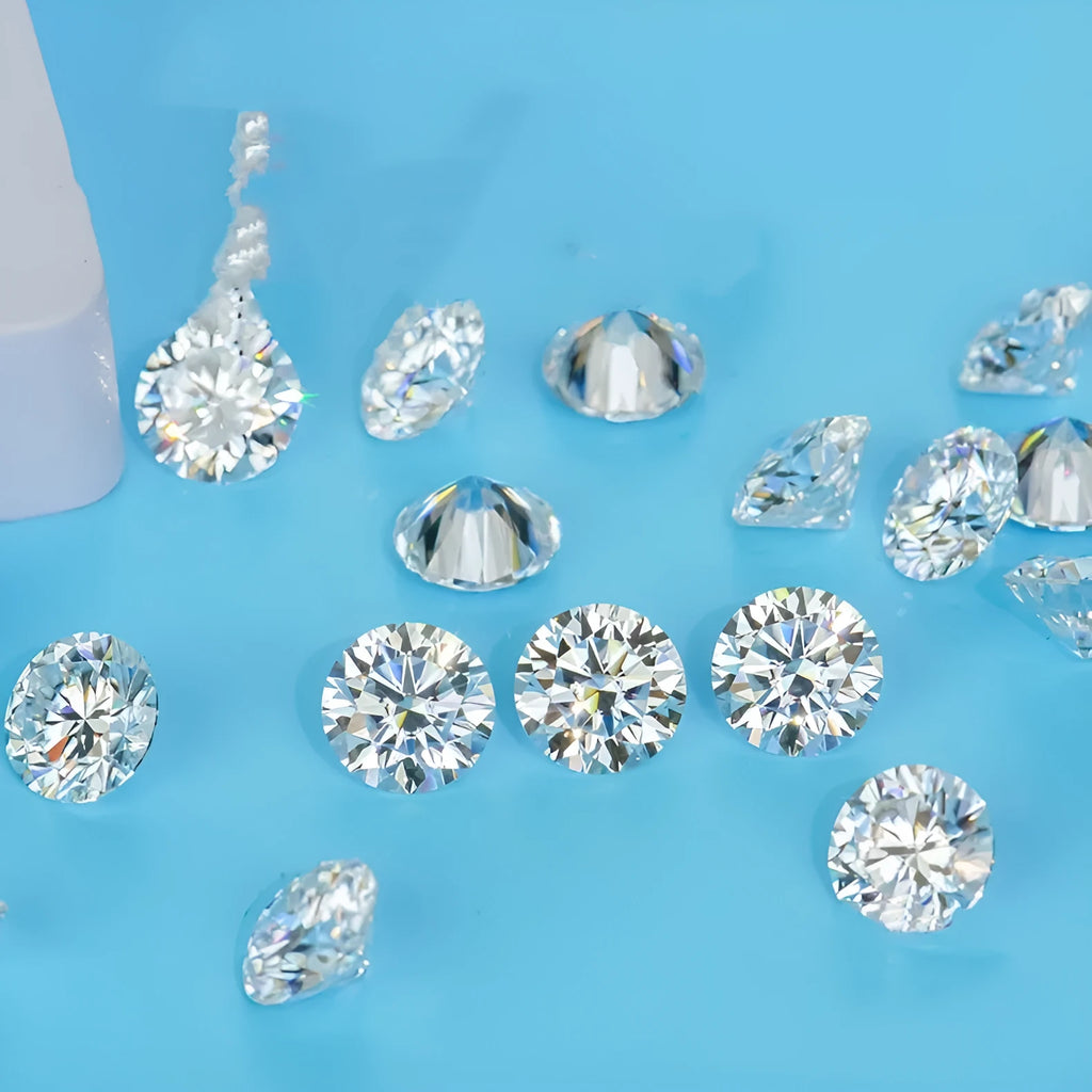 Round moissanite stone with eight hearts and eight arrows cut pattern showing polished surface