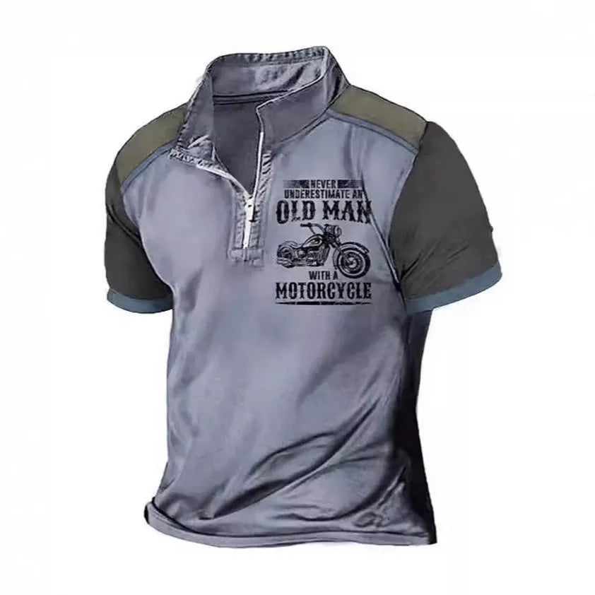Men's casual short-sleeve polo shirt with digital printing on the lapel and zipper decorative details.