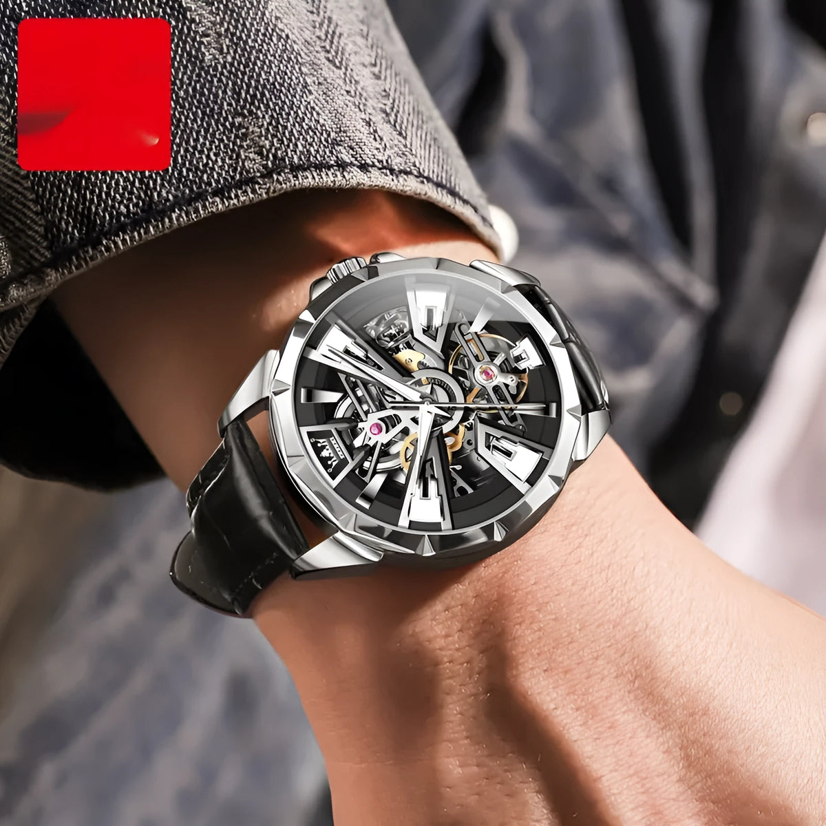 Men's automatic mechanical skeleton watch with 44mm barrel-shaped case and leather strap