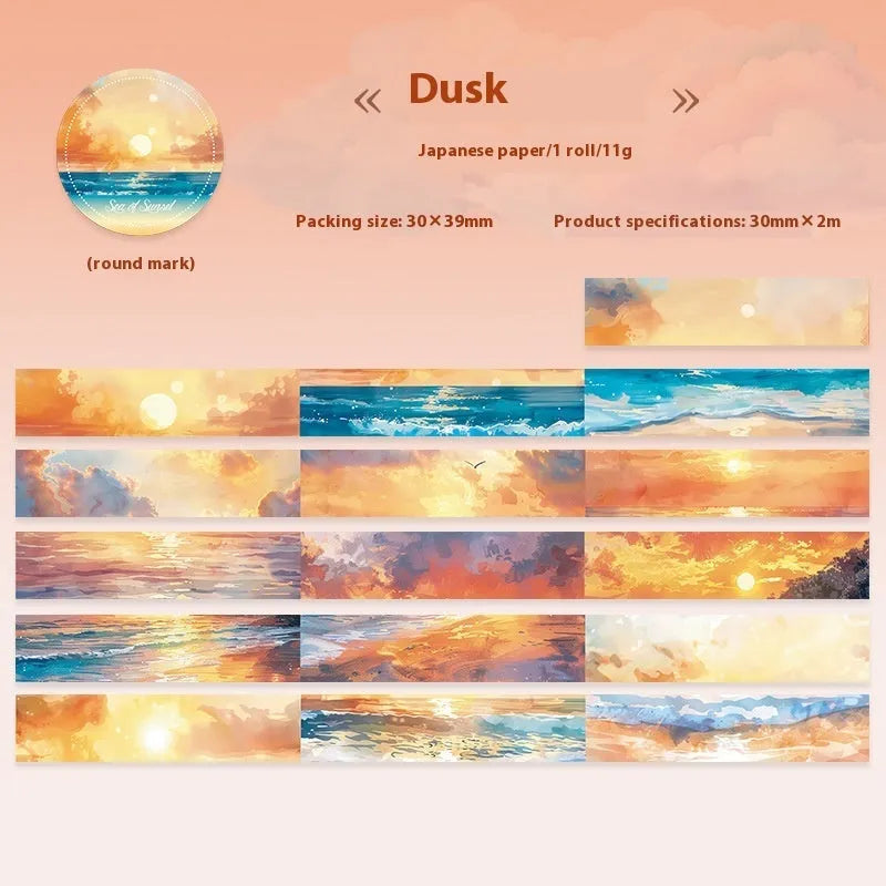 Roll of Japanese washi tape with sky theme designs including clouds, sun, moon, and nebula on a 30mm wide format.