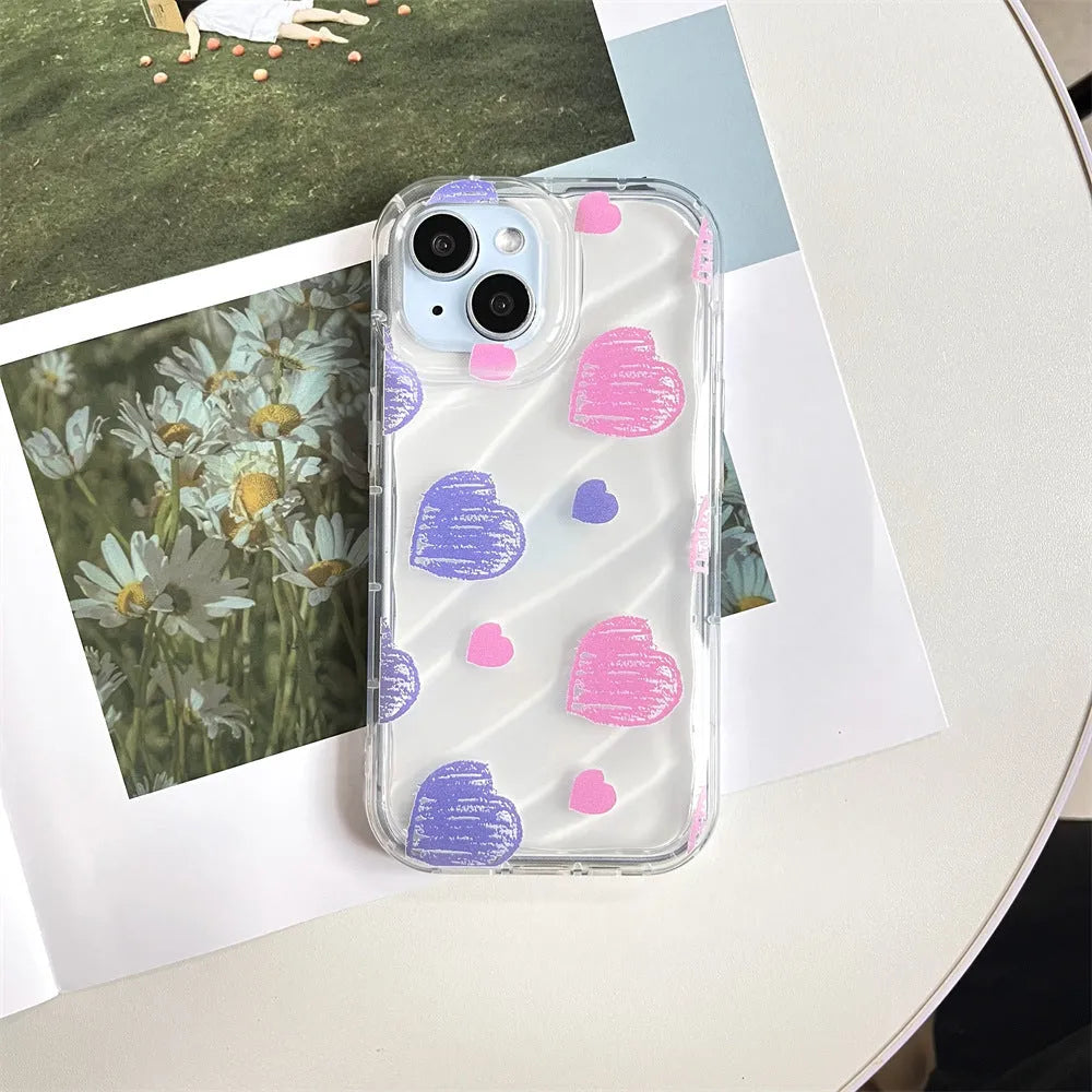 Transparent iPhone case with pink and blue heart design, TPU all-inclusive cover with fall protection and sprayed finish