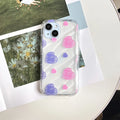 Transparent iPhone case with pink and blue heart design, TPU all-inclusive cover with fall protection and sprayed finish