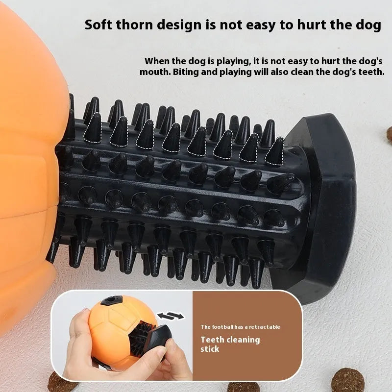Orange and white TPR dog toy balls showing hollow style and tooth cleaning stick designs