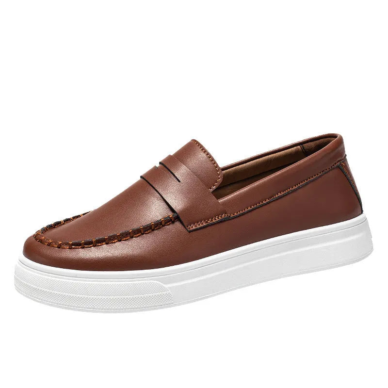 Men's round toe casual PU leather slip-on shoes in white, black and white, and khaki colours.