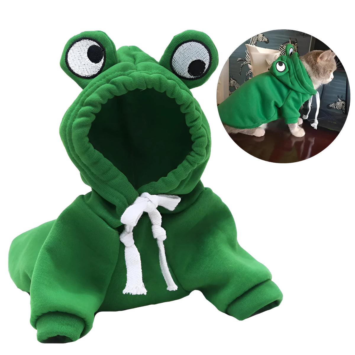 Green frog costume hoodie for small dog or cat with fleece material and front leg openings