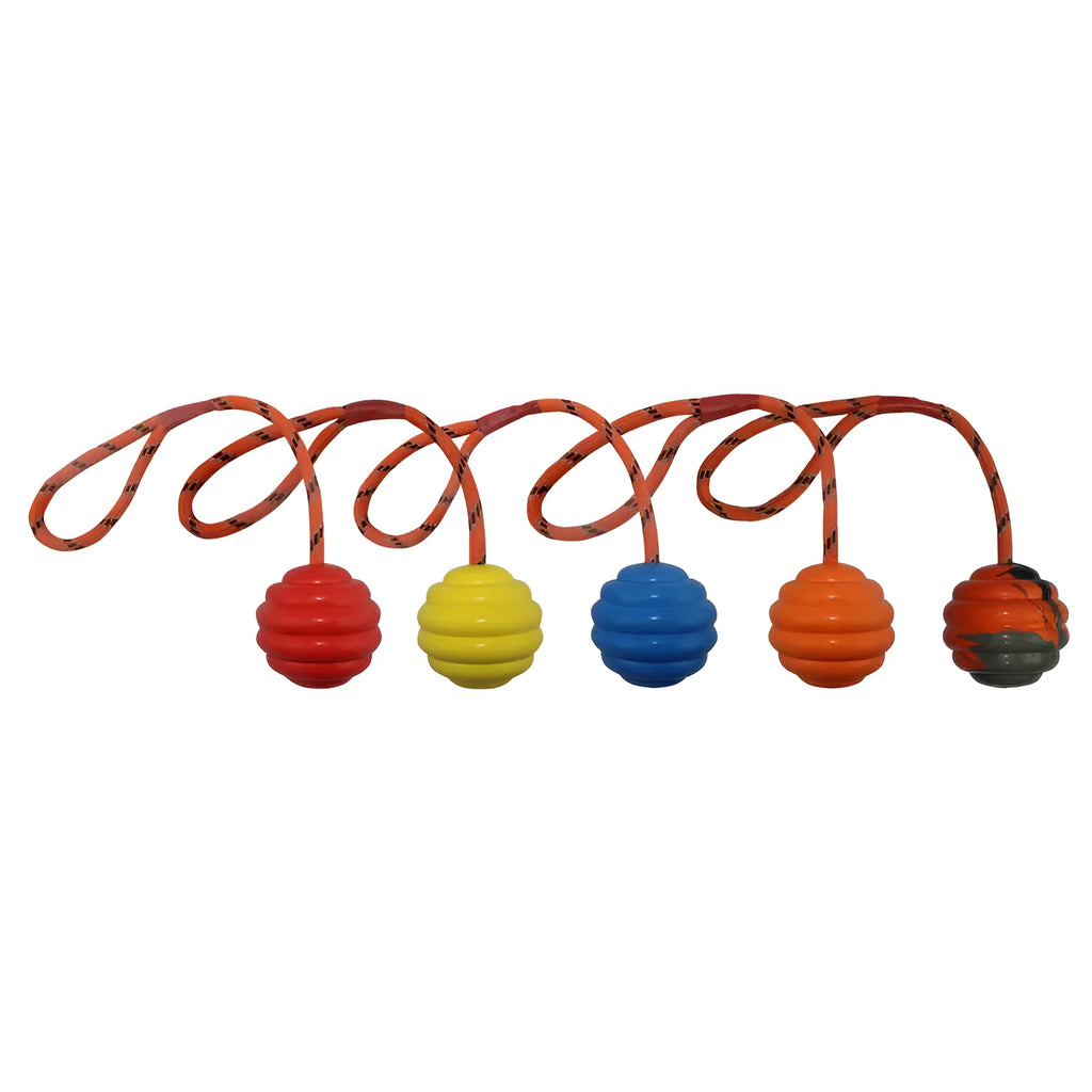 Multi-colour rubber dog chew ball with rope knot textures measuring 6×30cm