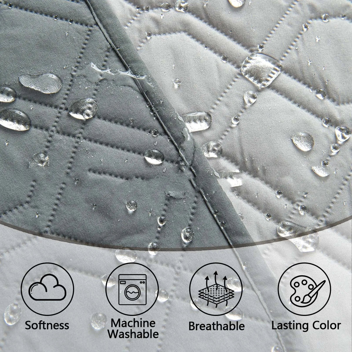 Double-sided waterproof dog sofa cushion showing dark grey and light grey reversible sides on a sofa.