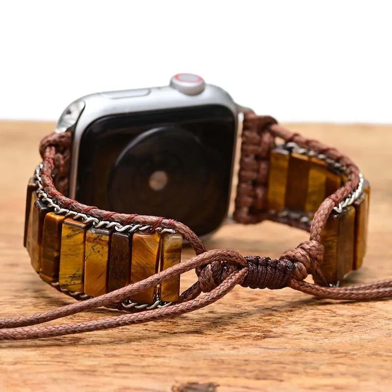 Rectangular tiger eye stone chain on a brown textile adjustable watch strap for men.