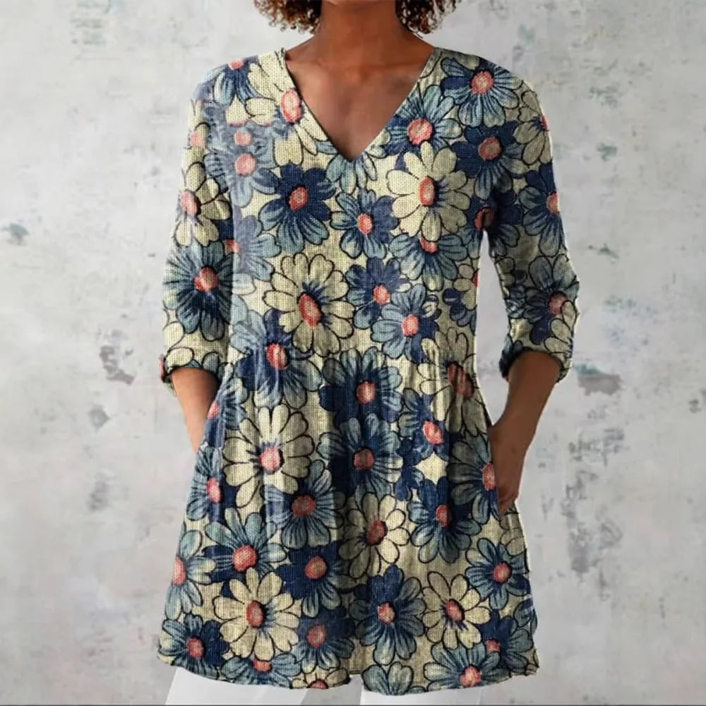 Women's retro slim fit printed long-sleeved top in a digital print design, shown on a model.