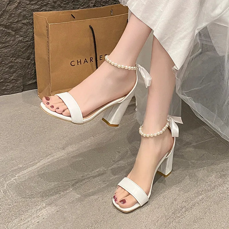 White open toe chunky heel sandals with pearl bow buckle and square toe, sizes 35-42