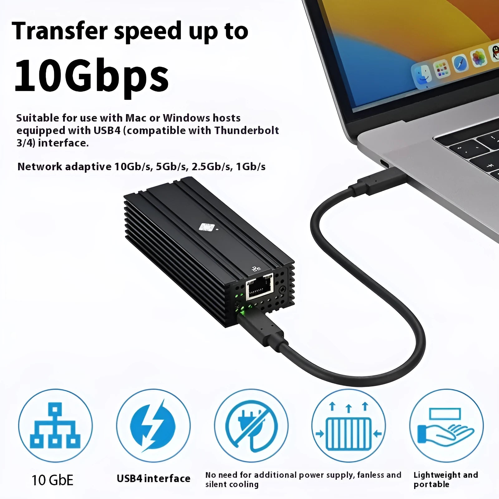Black USB4 to 10 Gigabit Ethernet network adapter with 20cm cable