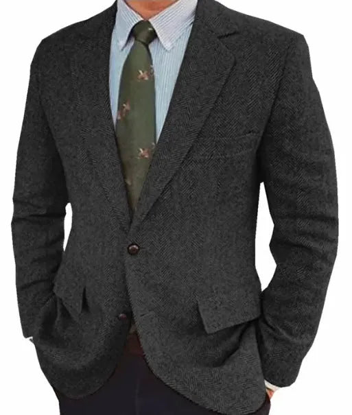 Men's brown herringbone pattern suit jacket with long sleeves and a retro business casual style