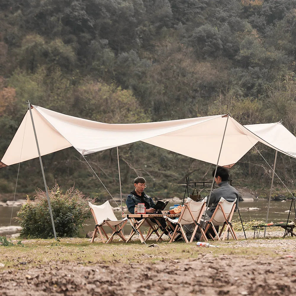 Large foldable aluminium alloy triangle frame camping drying rack with multiple hooks, shown with optional side hanger and top tray.