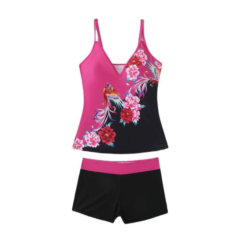 Women's plus size two-piece swimsuit in black or rose red, with briefs bottom.