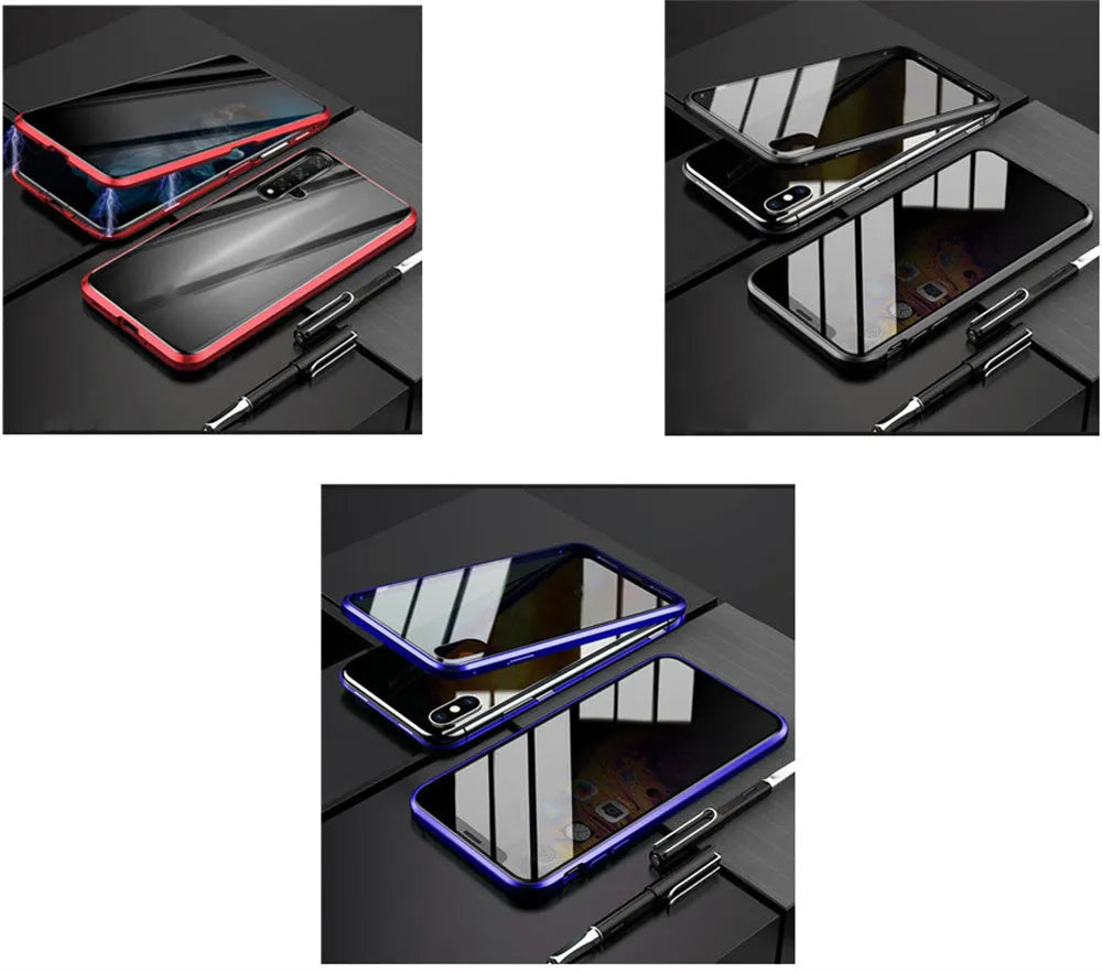 Anti-peep magnetic privacy glass case for iPhone XR XS Max X SE 2020 with metal edge and 9H tempered glass, 3-colour set