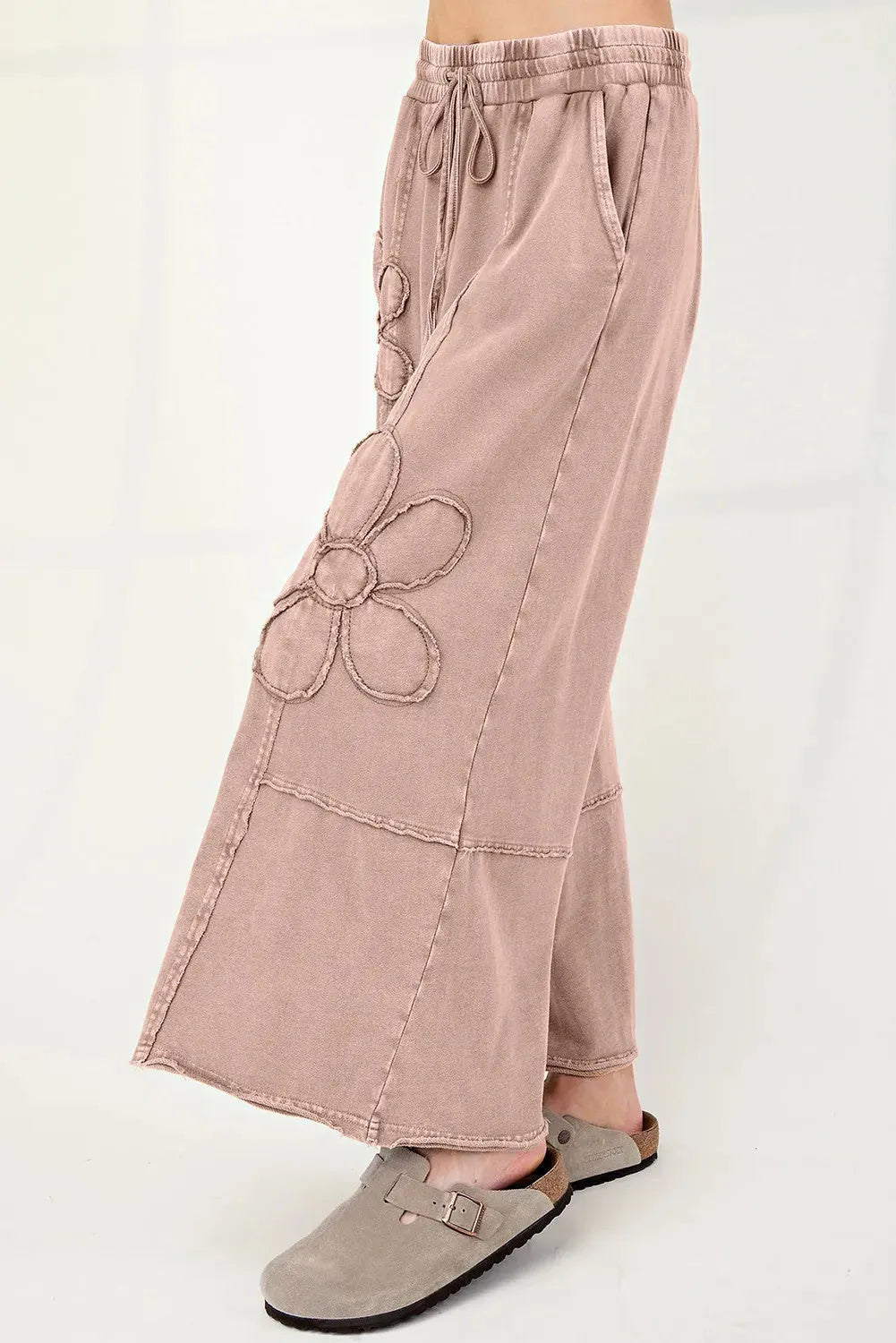 Buckskin 100% cotton terry knit cropped wide leg pants with flower patch detail, sizes S to 2XL