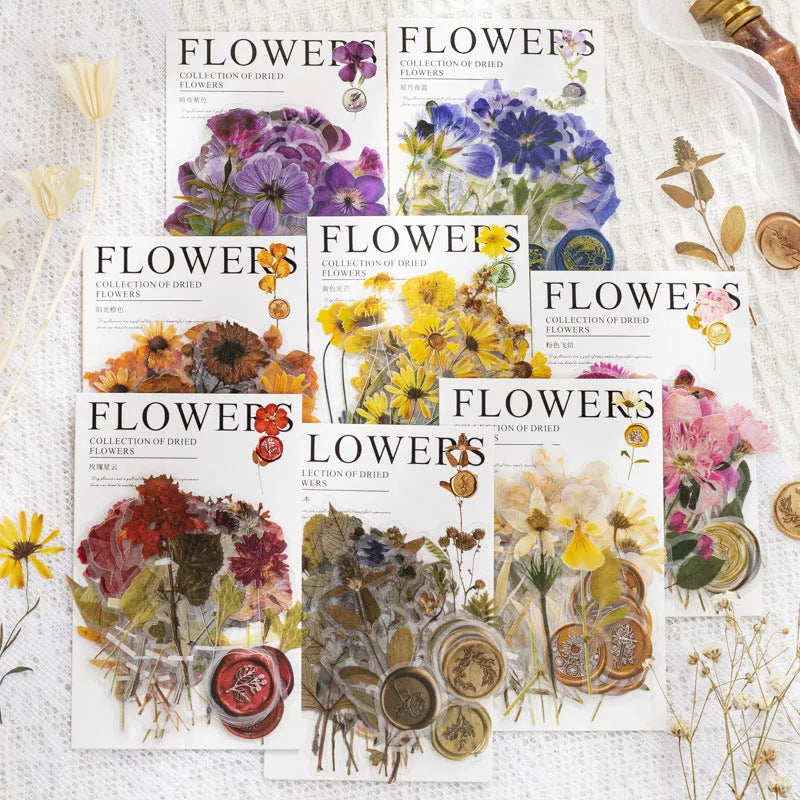 Creative dried flowers decoration sticker package showing 8 modern art colour styles on PET material