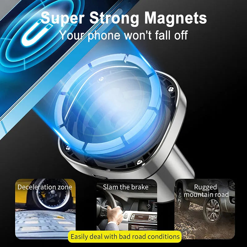 Magnetic wireless car phone holder for iPhone 12 series, Qi charging, Type-C, Grey or Silver, air vent or dashboard mount