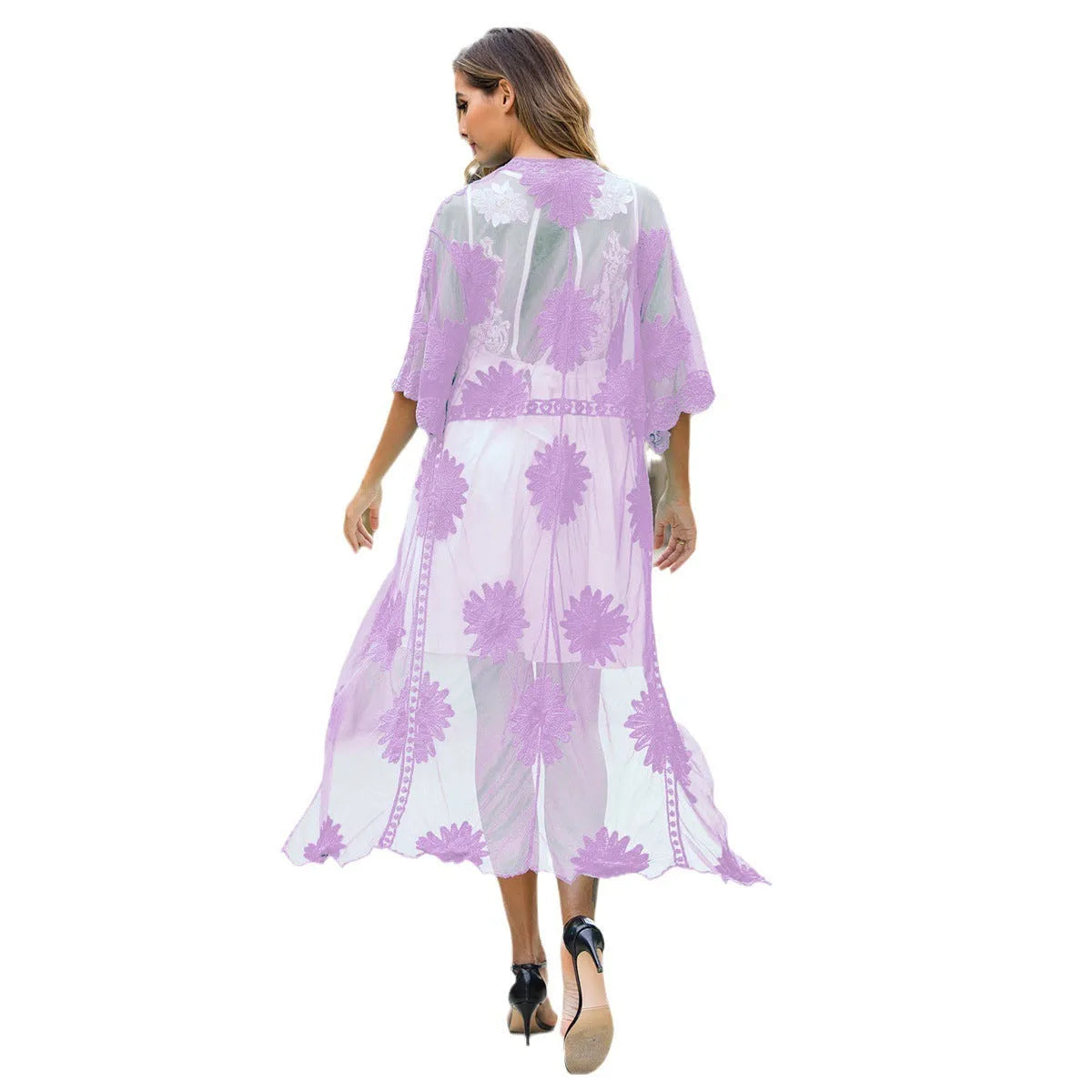 Light purple women's beach dress cardigan with lace embroidery details