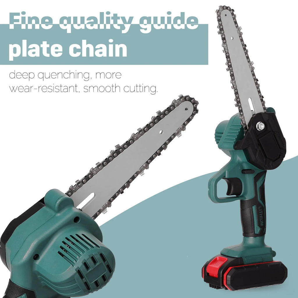 Small black electric chainsaw with 4 inch guide held in one hand for portable wood cutting