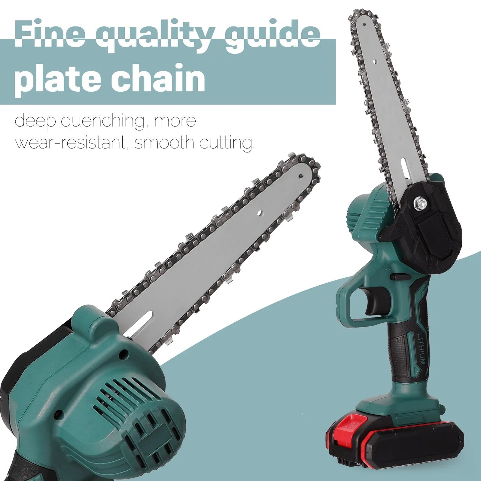 Small black electric chainsaw with 4 inch guide held in one hand for portable wood cutting