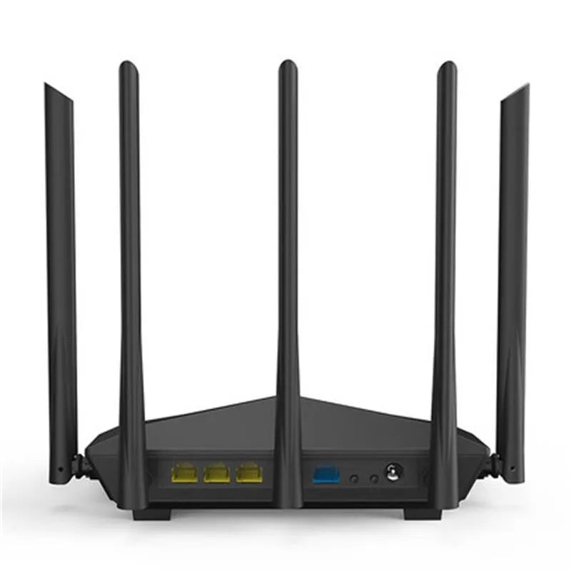 Black AC11 wireless router showing Gigabit WAN and LAN ports with 8-pin pure copper connectors.