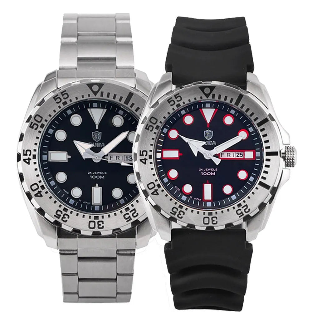 Men's silver waterproof quartz watch with luminous blue dial and steel bracelet on wrist