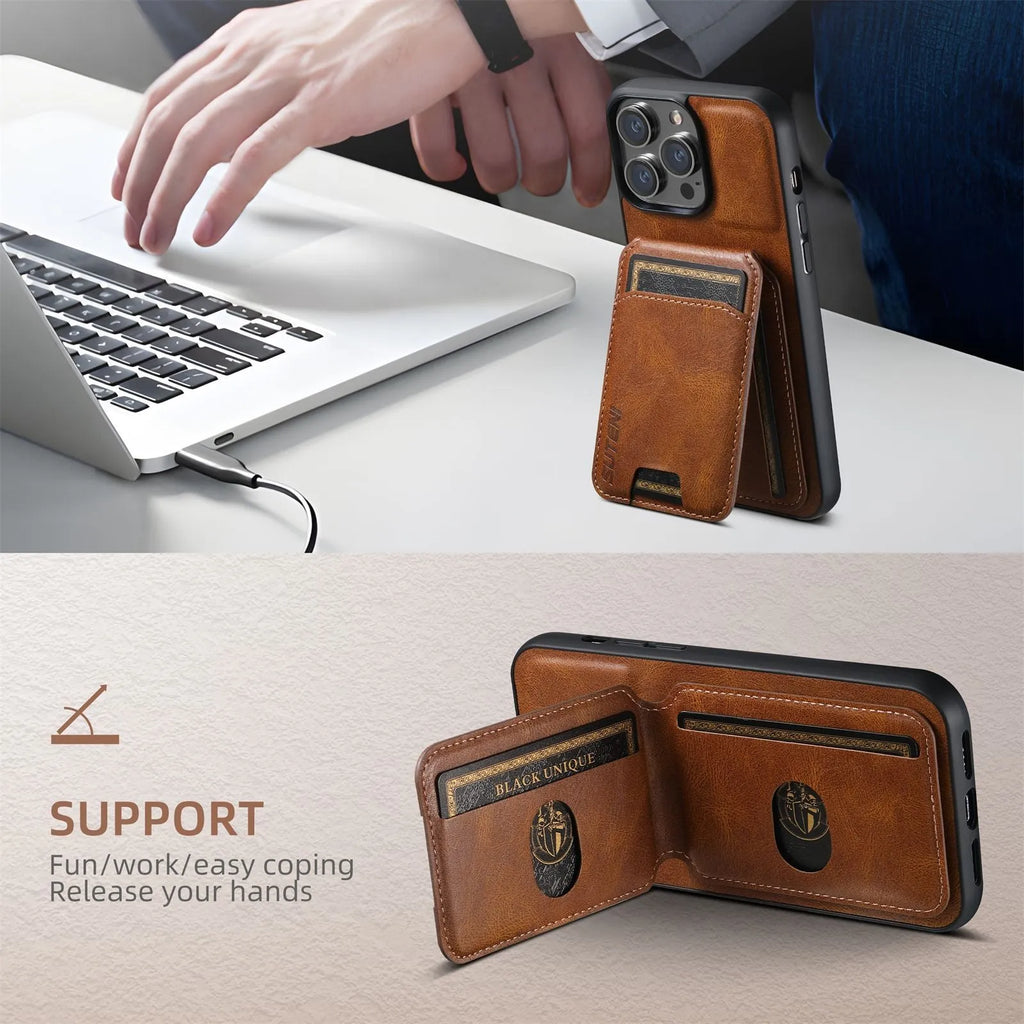 PU leather card holder iPhone case with stand, handmade TPU bumper, black brown blue