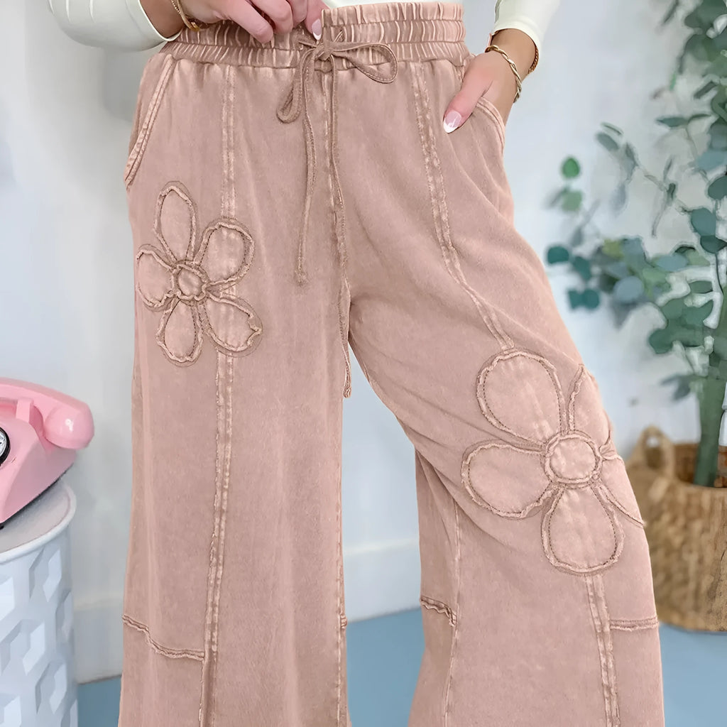 Buckskin 100% cotton terry knit cropped wide leg pants with flower patch detail, sizes S to 2XL