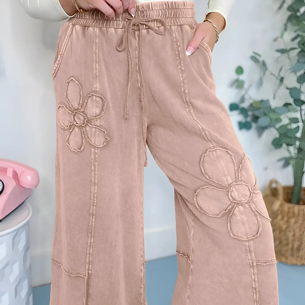Buckskin 100% cotton terry knit cropped wide leg pants with flower patch detail, sizes S to 2XL