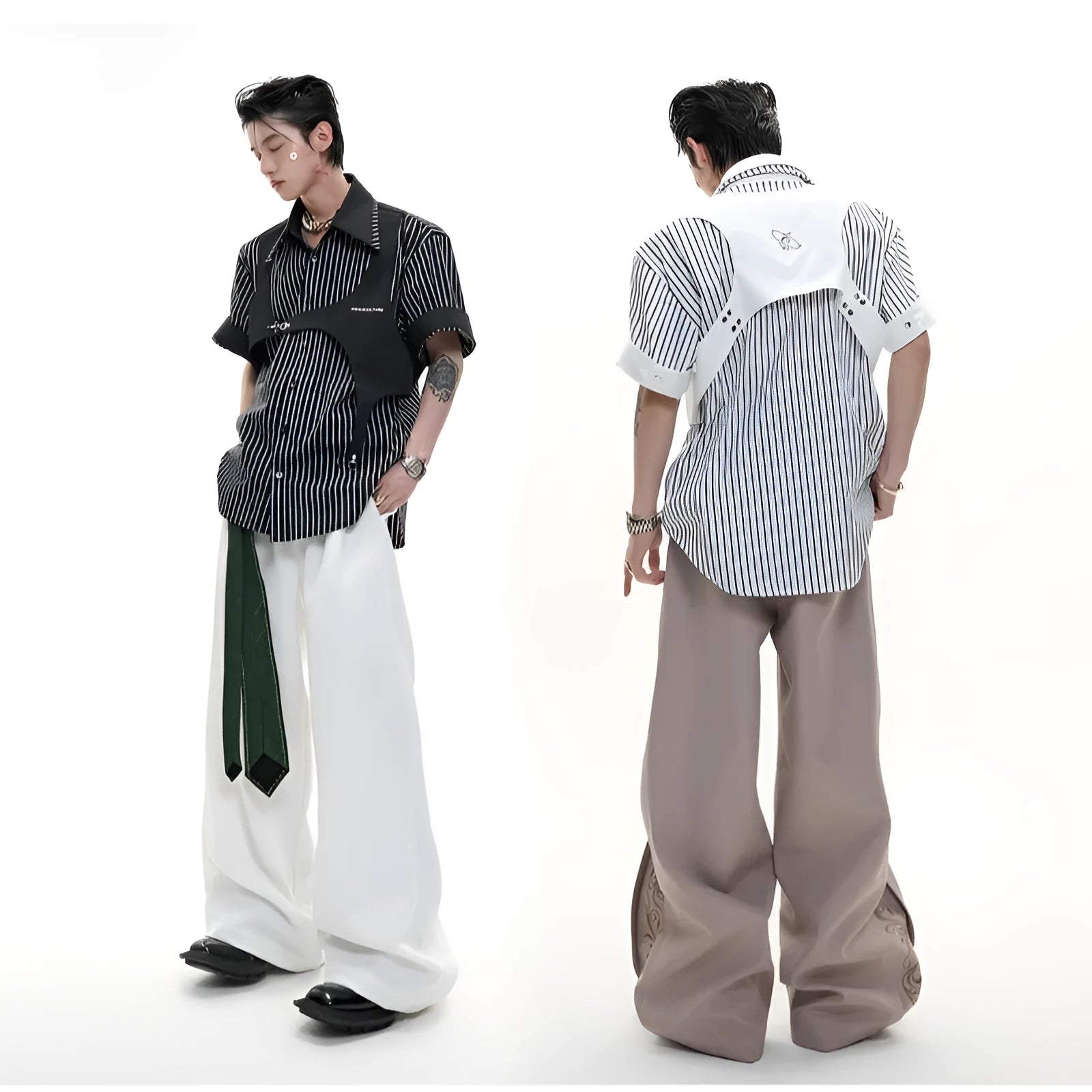 Men's black and white striped cotton shirt with double collar design, short sleeves