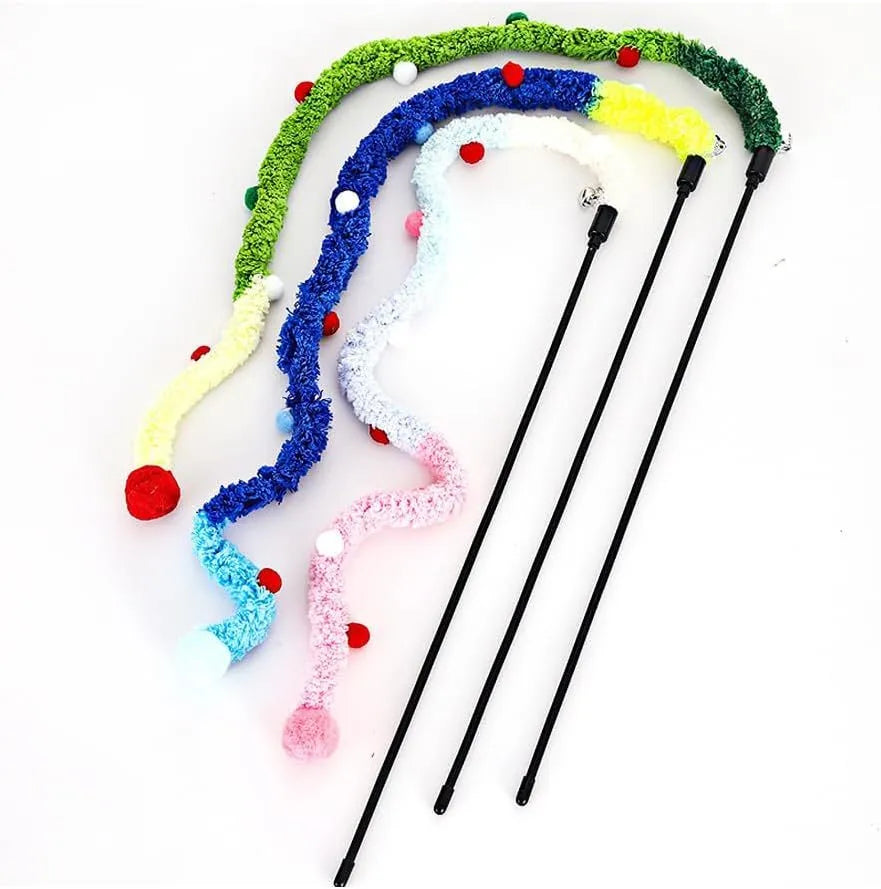 Blue interactive cat wand toy with a long plush strip and fluffy ball with bells.