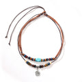 Wooden bead necklace for men with turquoise geometric alloy pendant, wax rope chain and flower element, colour QNN1108