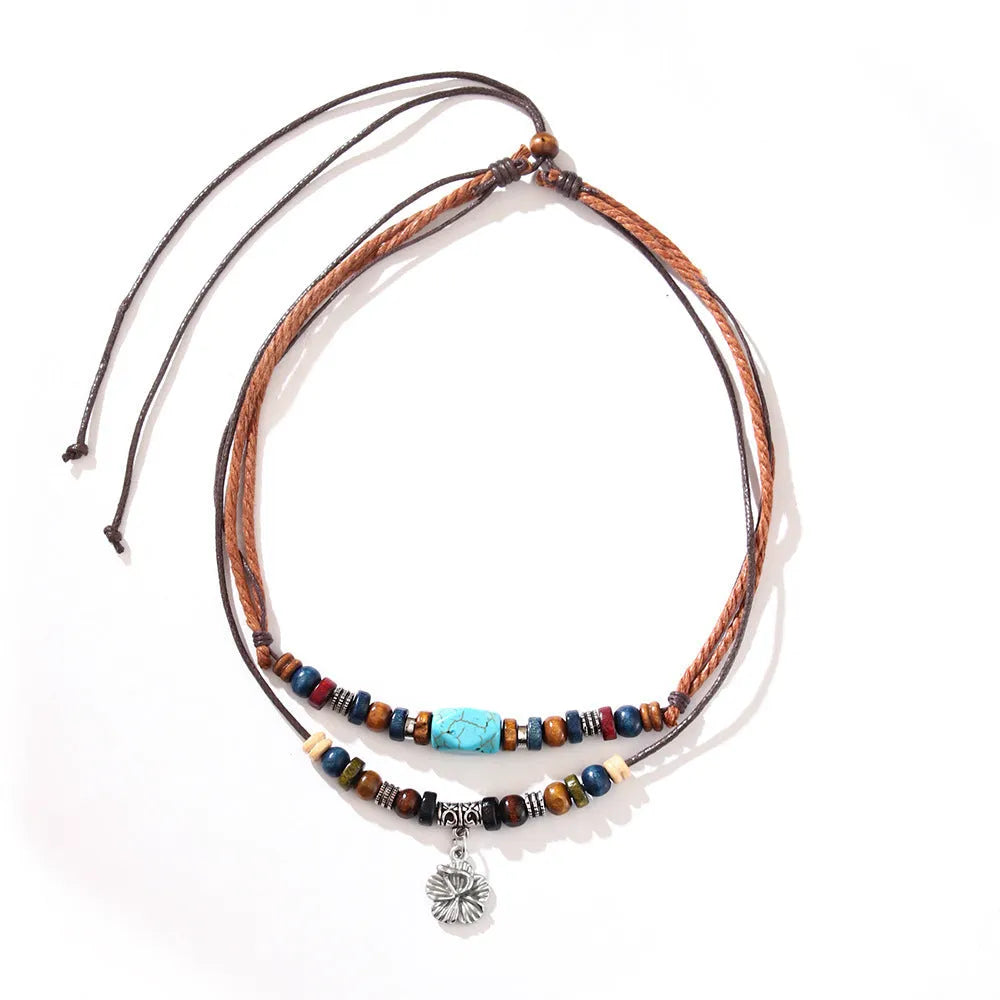 Wooden bead necklace for men with turquoise geometric alloy pendant, wax rope chain and flower element, colour QNN1108