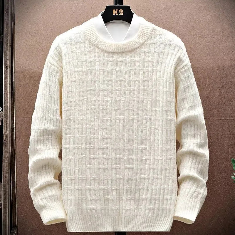 Men's loose crew neck knit sweater in black, white, or brown, polyester pullover, sizes S to XXL
